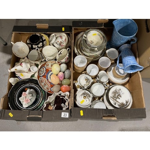 23 - 2 boxes misc pottery, oriental tea ware, Onyx eggs, Spode, Denby, Royal Albert etc