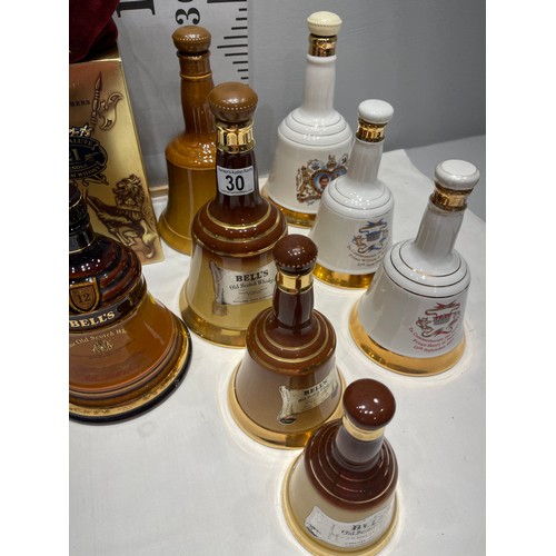 30 - 8 Bells whiskey decanters, Wade, Spode, Doulton + Chivas Bros decanter in pouch + box (all empty)