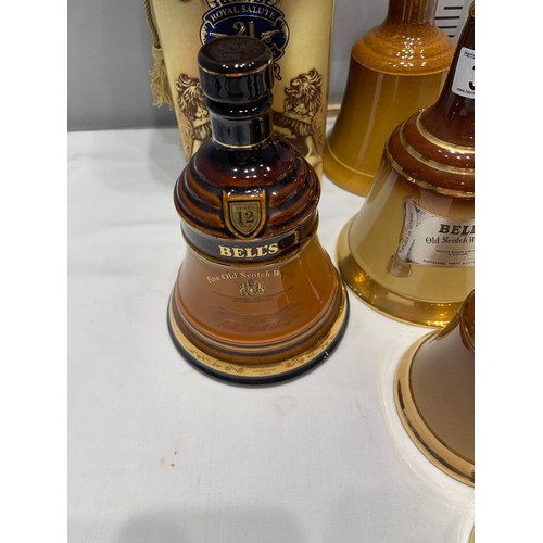 30 - 8 Bells whiskey decanters, Wade, Spode, Doulton + Chivas Bros decanter in pouch + box (all empty)