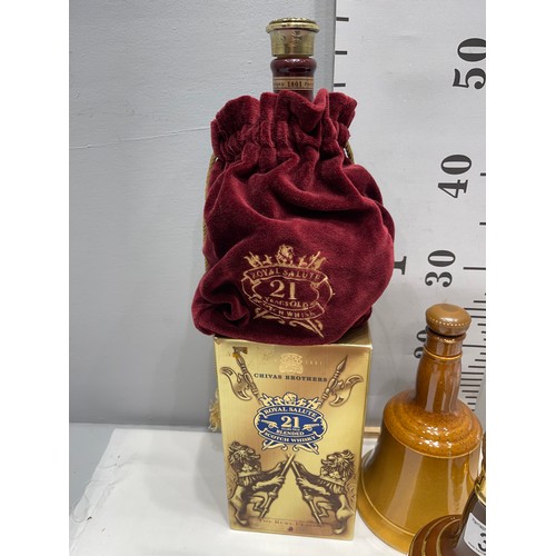 30 - 8 Bells whiskey decanters, Wade, Spode, Doulton + Chivas Bros decanter in pouch + box (all empty)