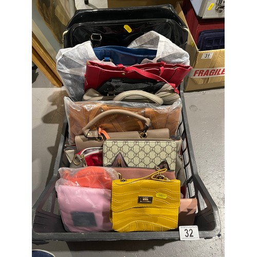 32 - Box assorted handbags. Many unused