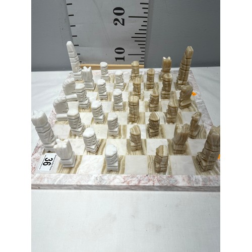 36 - Hand carved Aztec tan + cream onyx marble chess set