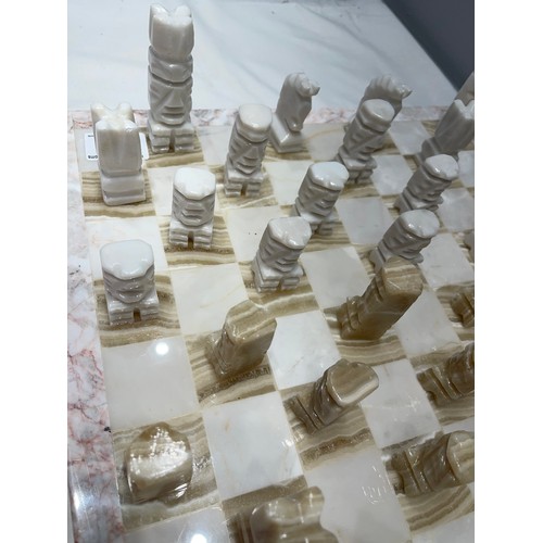 36 - Hand carved Aztec tan + cream onyx marble chess set