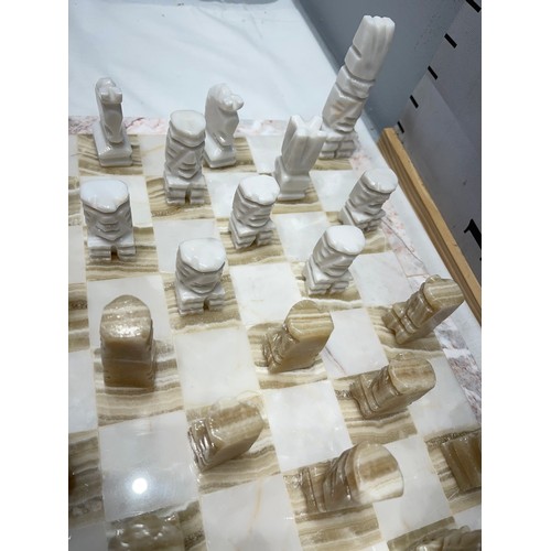 36 - Hand carved Aztec tan + cream onyx marble chess set