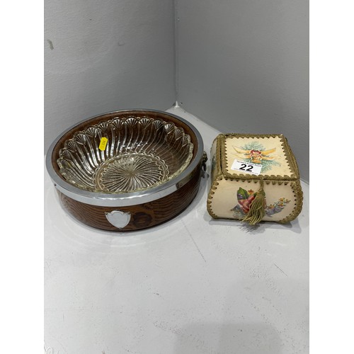 22 - Vintage English oak serving dish with glass liner + small sewing box