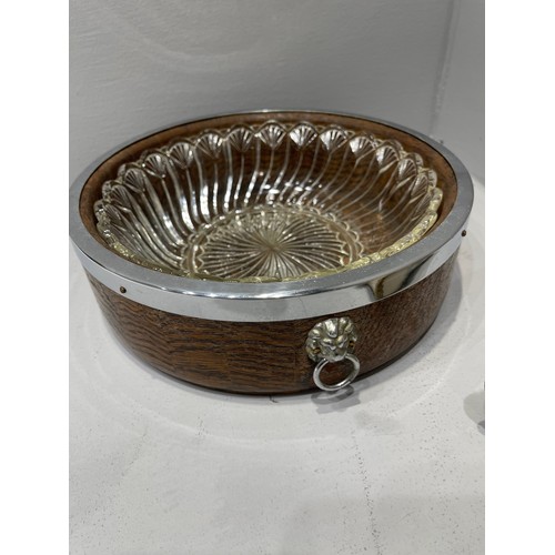 22 - Vintage English oak serving dish with glass liner + small sewing box