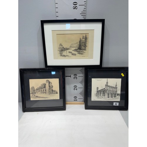 42 - 3 pencil drawings framed by Joseph Pike