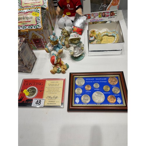 48 - Quantity boxed cherished teddies + 1 loose one. Lion King Ltd Edition coin + certificate, Spice girl... 