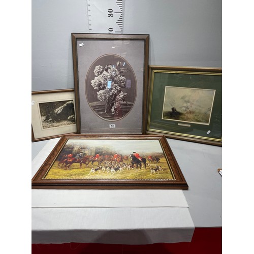 52 - 4 pictures, Hunting scene, still life flowers etc