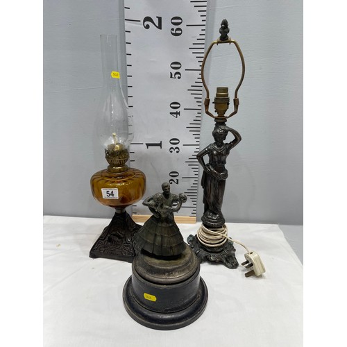 54 - Edwardian oil lamp, bronze lamp/figure, ballroom trophy