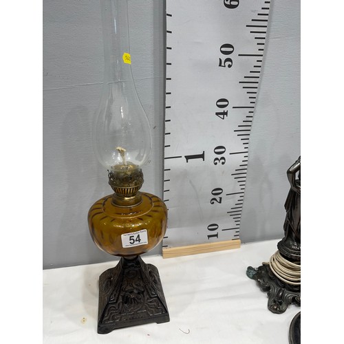 54 - Edwardian oil lamp, bronze lamp/figure, ballroom trophy