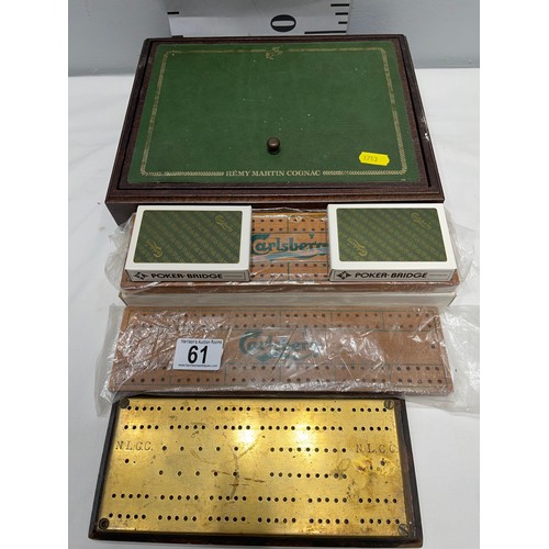 61 - Remy Martin cognac 'Le Passe-Temps' game + 2 Carlsberg cribbage sets + brass cribbage board