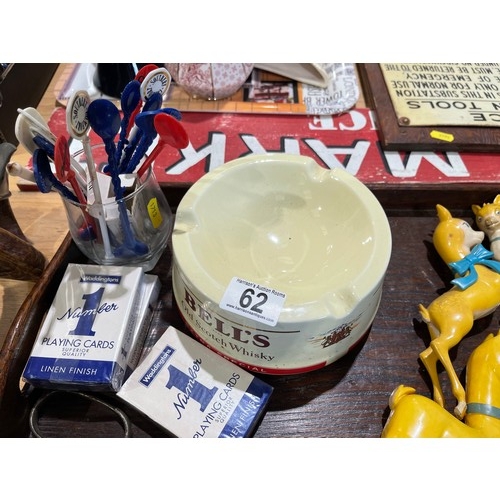 62 - Vintage brewery items. Babycham deers playing cards, cork screws, Wade bells ash tray etc