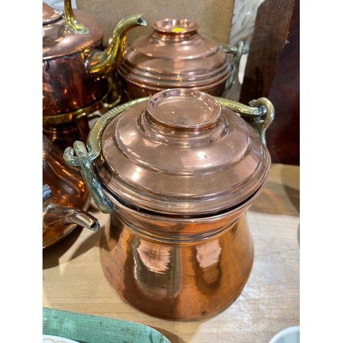 70 - 4 victorian copper + brass lidded pots + kettle on stand. from the Cooplands estate