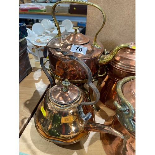 70 - 4 victorian copper + brass lidded pots + kettle on stand. from the Cooplands estate