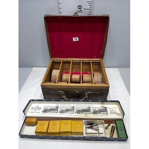 74 - The Parker-Hale Rifle cleaning kit boxed + leather + brass cartridge case initialled W.L.C. Coopland... 