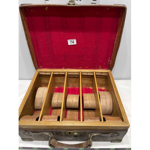 74 - The Parker-Hale Rifle cleaning kit boxed + leather + brass cartridge case initialled W.L.C. Coopland... 