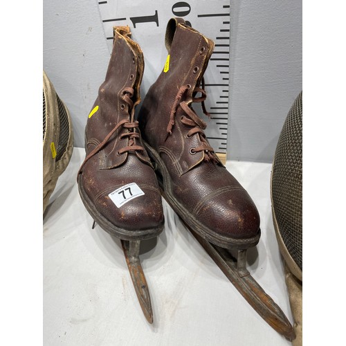 77 - Pair vintage ice skates + 2 fencing face masks. Cooplands estate