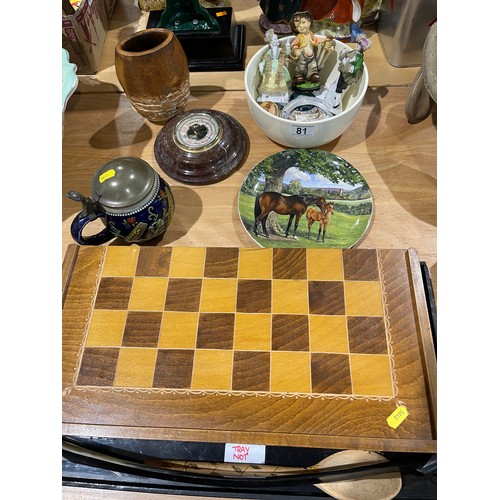 81 - Chess + Draughts set, German stein, vase, barometer, Spode etc. Cooplands estate