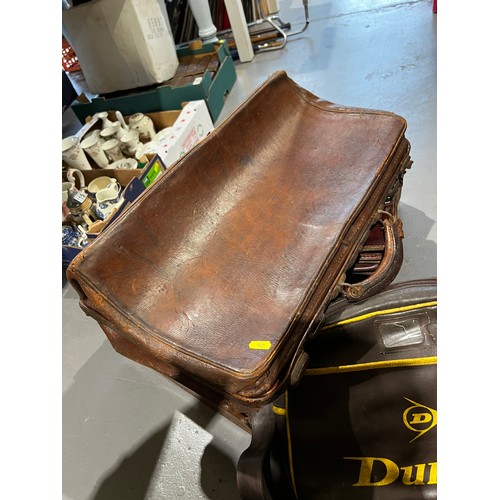 122 - Brown leather suitcase + 2 Gladstone style bags, one having O'Malley on side