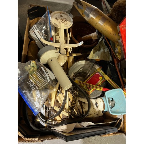 123 - Metal tin + contents + bird cage toys etc