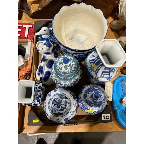 132 - Box Blue/White pottery vases, lidded ginger / temple jars etc