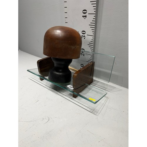 140 - Glass + wood book stand + wooden wig head holder