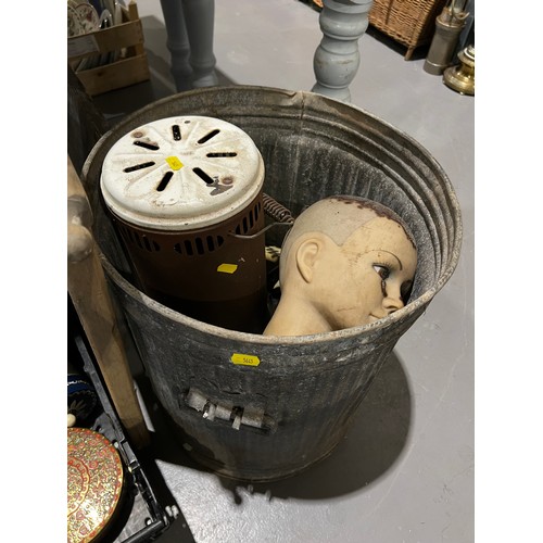 153 - Galvanized bin, wash board, box old tins, bowls etc