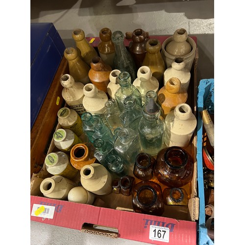 167 - 2 boxes vintage stoneware + glass bottles + misc collectables