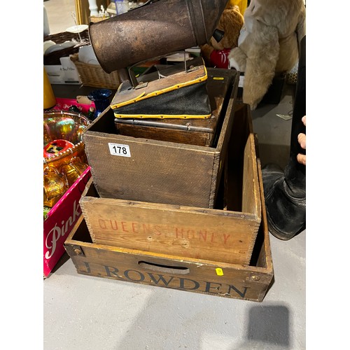 178 - 3 vintage wooden boxes + vintage bellows bee smoker etc