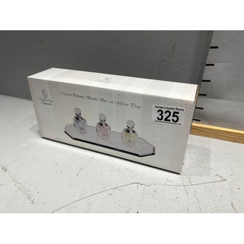 325 - Crystal perfume bottle set on mirror tray boxed