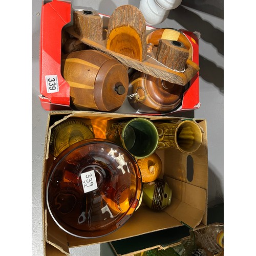 339 - Box of mid century Treen biscuit barrels etc + box pottery / glass