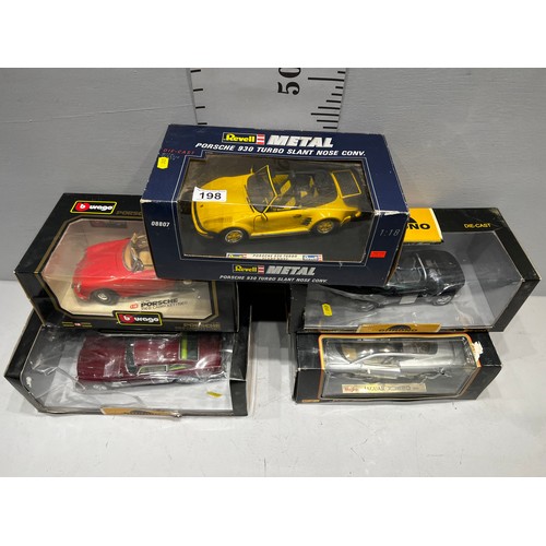 198 - 5 vintage boxed cars. Revell Porsche, Burago Porsche, Jaguar, Lotus, Aston Martin