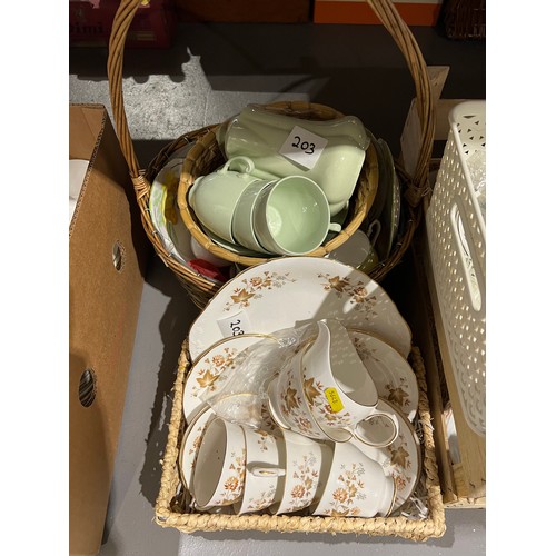 203 - 4 baskets + 2 boxes china tea ware. Royal Doulton, Colclough etc