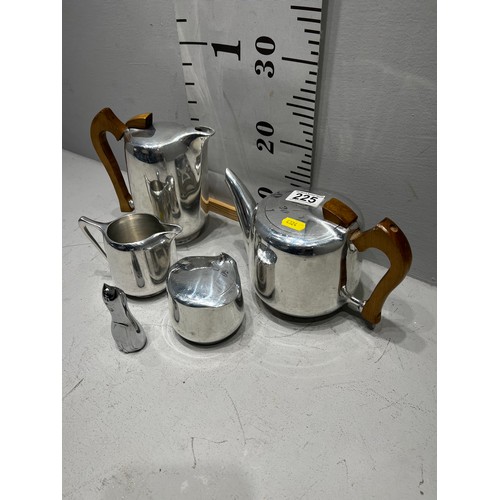 225 - 4 piece Picquot ware teapot, coffee pot, milk + sugar + cat