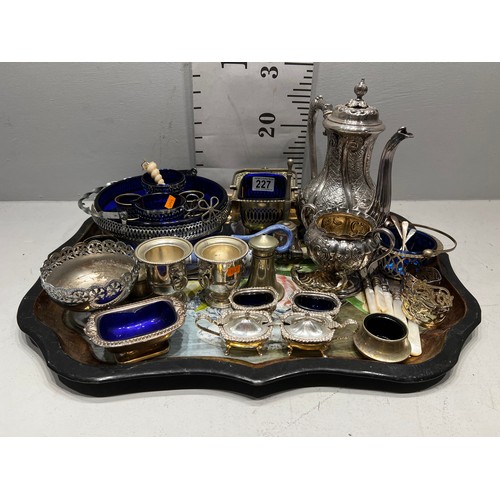 227 - Tray of silver plate with Bristol Blue liners