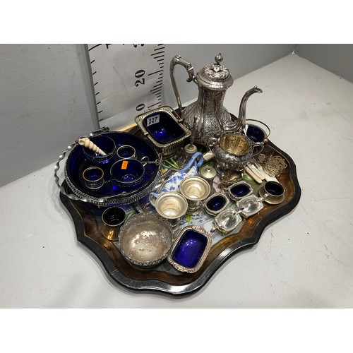 227 - Tray of silver plate with Bristol Blue liners