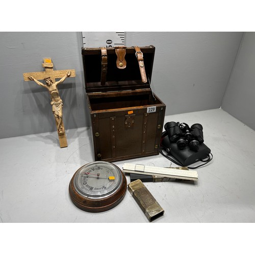 229 - Wooden dome top casket containing Jesus cross, barometer, binoculars etc