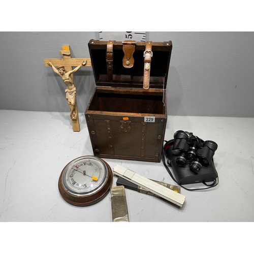 229 - Wooden dome top casket containing Jesus cross, barometer, binoculars etc