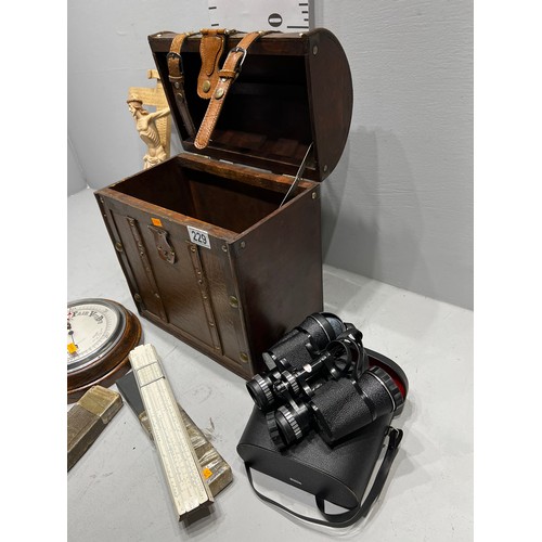 229 - Wooden dome top casket containing Jesus cross, barometer, binoculars etc