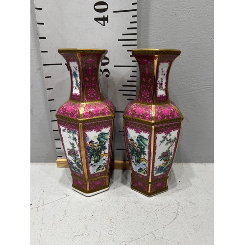 410 - Pair of tall pink Chinese vases