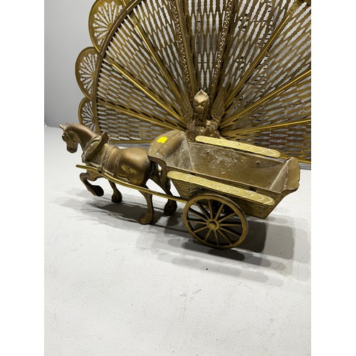 237 - Heavy brass horse + cart + quality brass fan fire screen