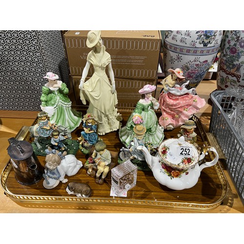 252 - Tray collectables, Royal Albert, Nao + basket glass