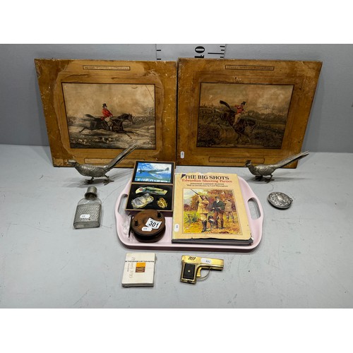 301 - Tray collectables, fishing reel boxed watch + knife set, players no. 10 cigarettes unopened etc