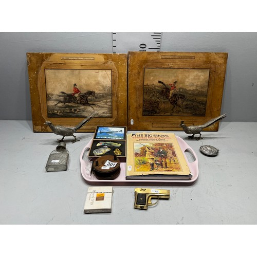 301 - Tray collectables, fishing reel boxed watch + knife set, players no. 10 cigarettes unopened etc