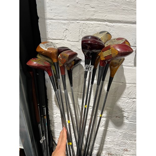 441 - 12 Persimmon headed woods from 1950/60's. 7 Ben Hogans, 4 Macgregor, 1 Dunlop Maxfli