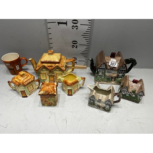 307 - Cottage ware tea pots, milk + sugar + mug