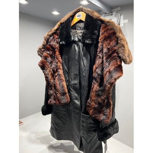 480 - Ladies leather coat + Fur stole