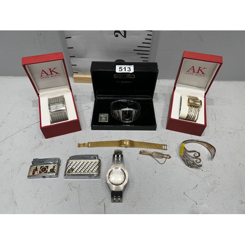 513 - Quantity of watches, to include Seiko gents vintage automatic watch (working) + 2 lighters ( one of ... 