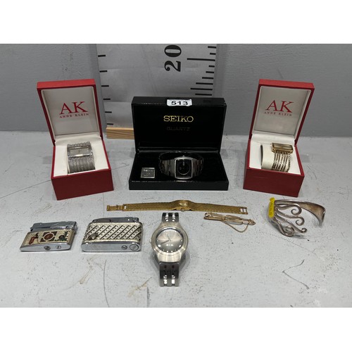 513 - Quantity of watches, to include Seiko gents vintage automatic watch (working) + 2 lighters ( one of ... 